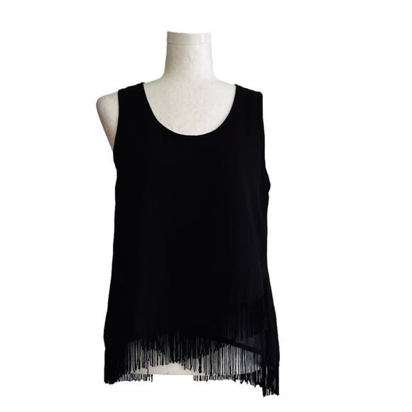 Ya Los Angeles Top Blouse Black Silk Blend Sleeveless Fringe Hem Top Small NEW - Picture 1 of 12